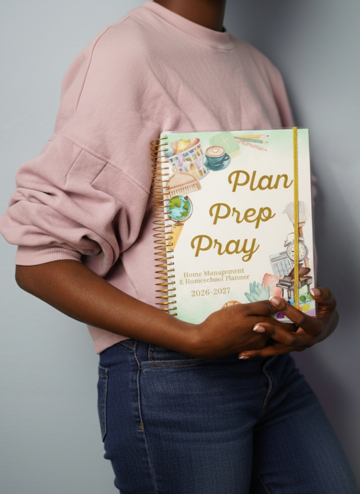Person holding a planner titled 'Plan Prep Pray' against a gray background